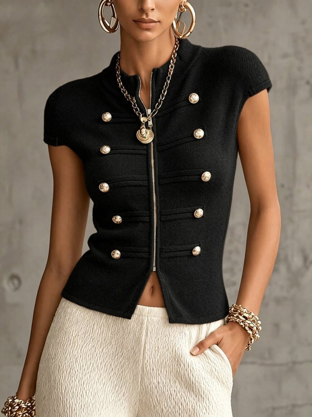 Black Casual Women's Double Button Rhinestone Stand Collar Slim Fit Knit Vest